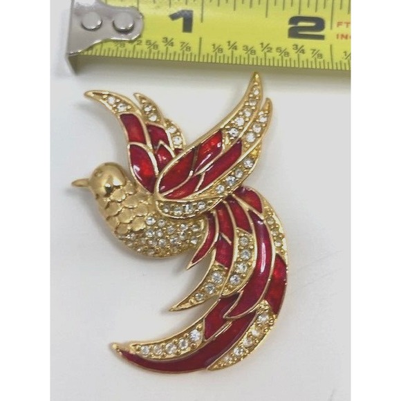 Vintage GIORGIO signed Red Enamel / Crystals Gold Tone Song Bird Brooch Pin - Picture 5 of 6